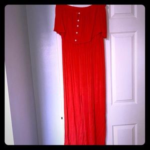 Strapless fiery orange wide leg pantsuit